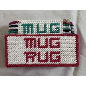 VTG Hand Made‎ Crocheted Mug Rugs Coasters w/Holder Set of 4 Multi-Colored